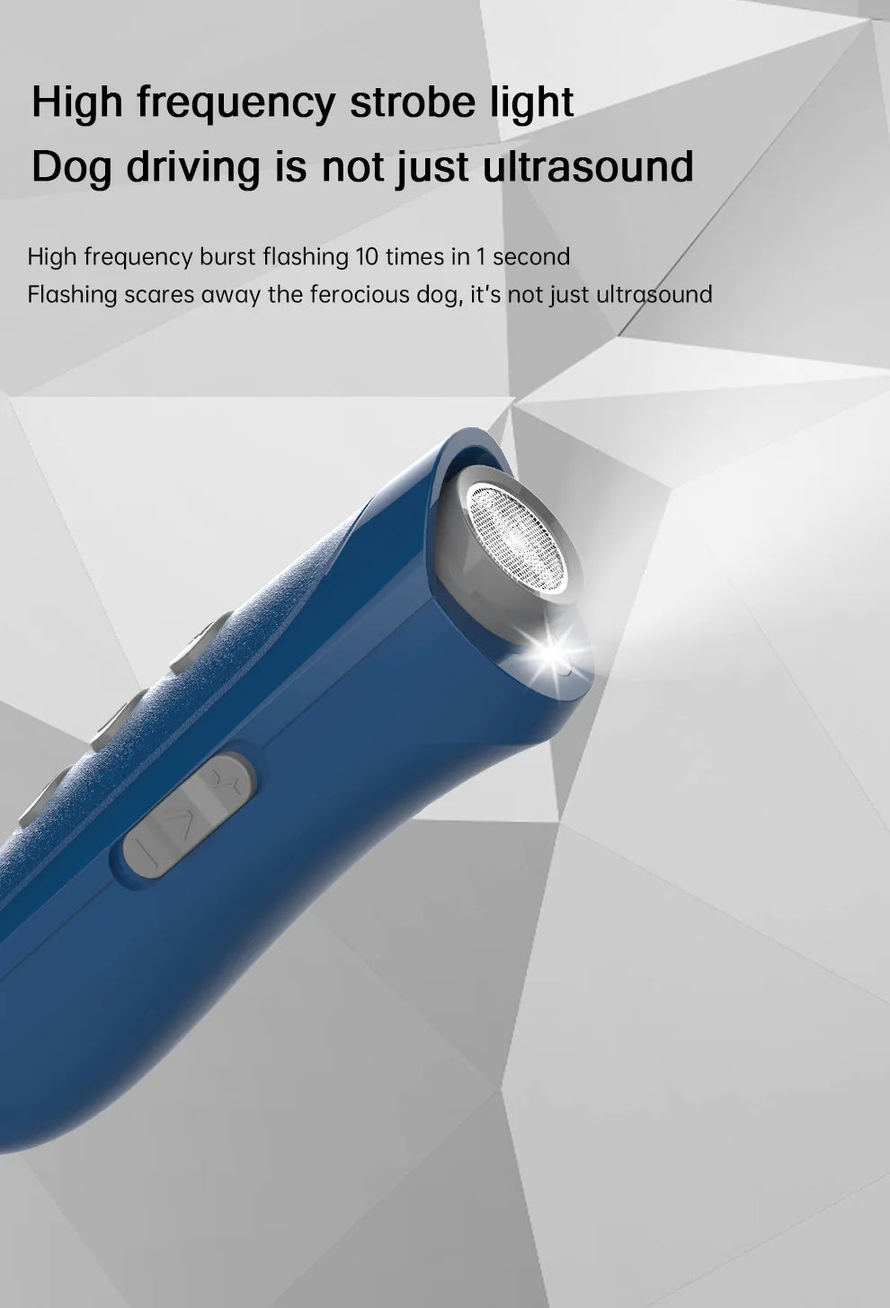 A blue ultrasonic dog bark deterrent device is shown in a close-up view against a gray geometric background.