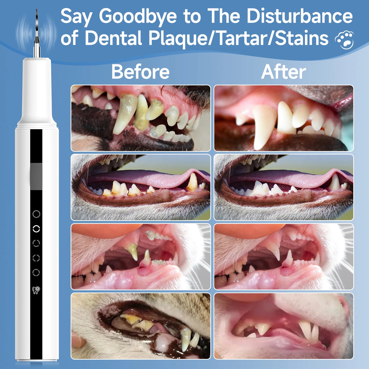 An ultrasonic pet dental cleaner device is shown with before and after images demonstrating plaque and tartar removal on a do