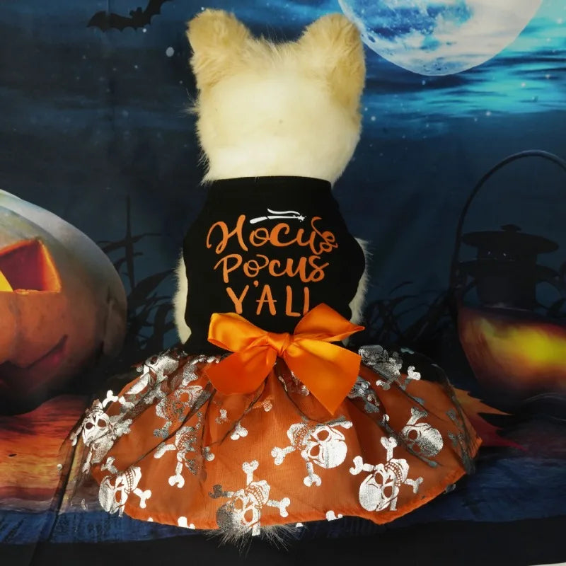 Spooky Pet Princess Costume with Skull Print and Tulle Skirt