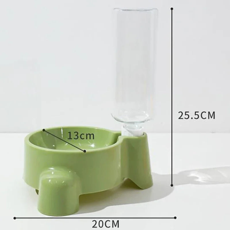 A light green automatic pet water dispenser for cats and small dogs, showing its dimensions.