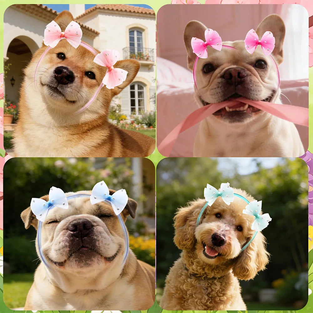 Adjustable Pearl Dog Bows with Elastic Bands for Stylish Pets