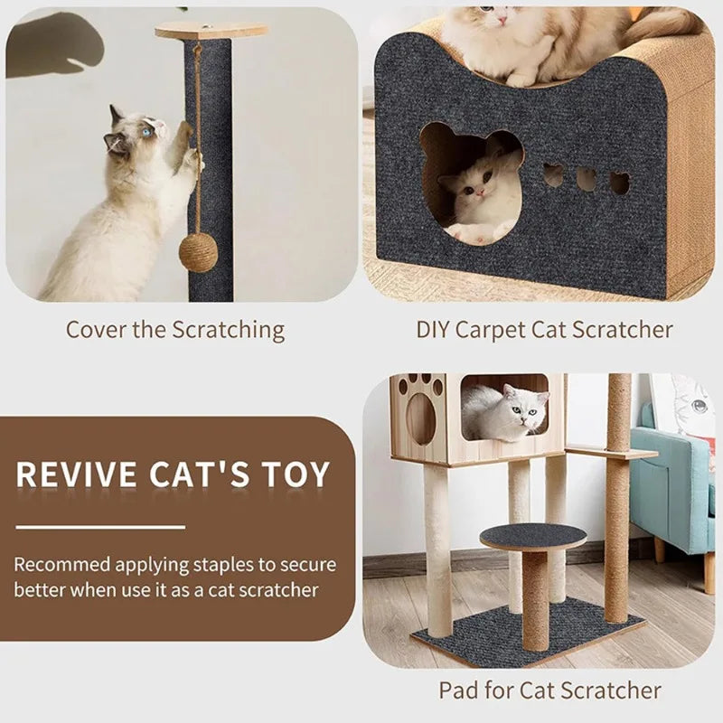 A DIY carpet cat scratcher featuring a padded mat and a wooden post for cats.