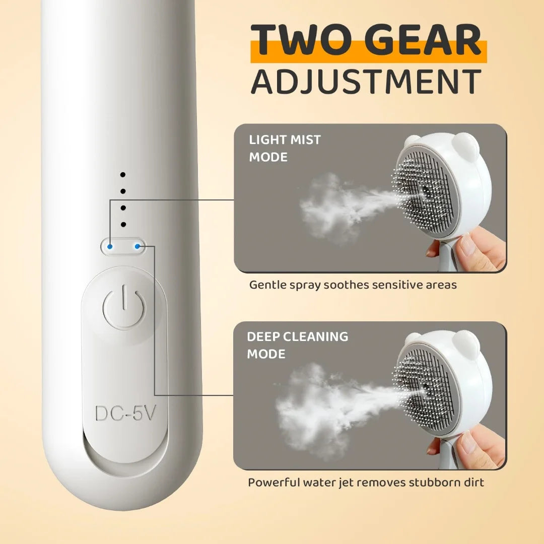 A white rechargeable pet grooming brush with two gear adjustment modes for light mist and deep cleaning