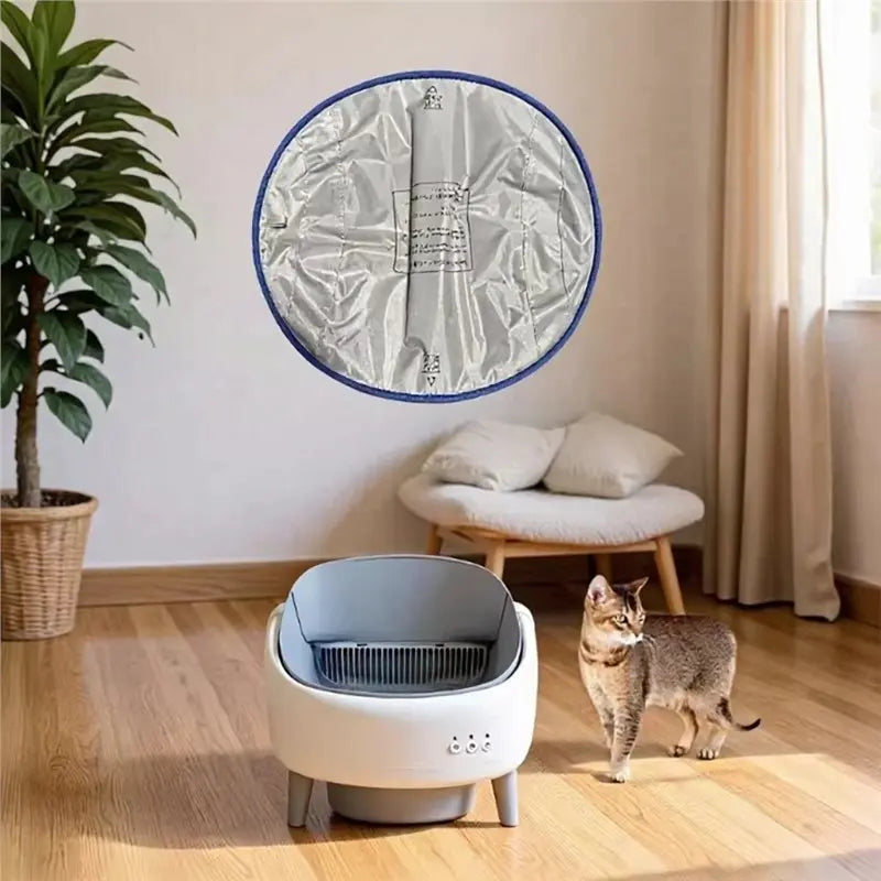 Un revestimiento circular impermeable plateado y blanco de reemplazo para una caja de arena autolimpiable colgada en la pared