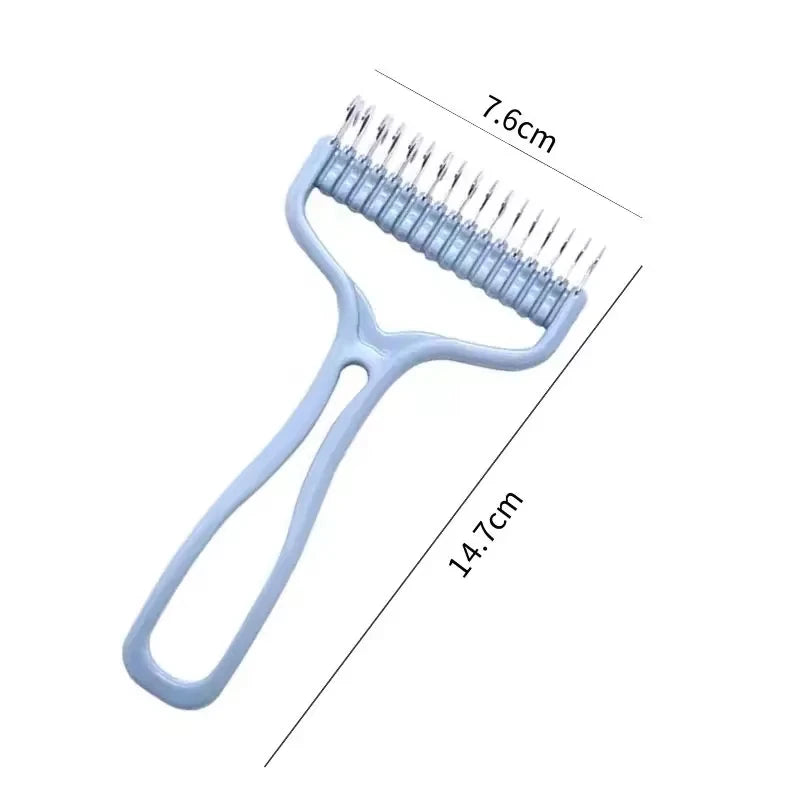 A light blue pet hair removal comb with fine teeth, shown against a white background.
