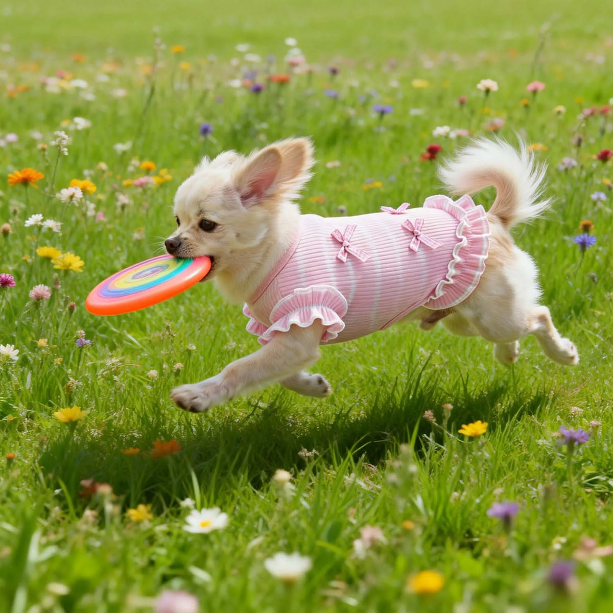 Striped Mesh Dog Outfit with Bow and Ruffles for Small to Medium Breeds