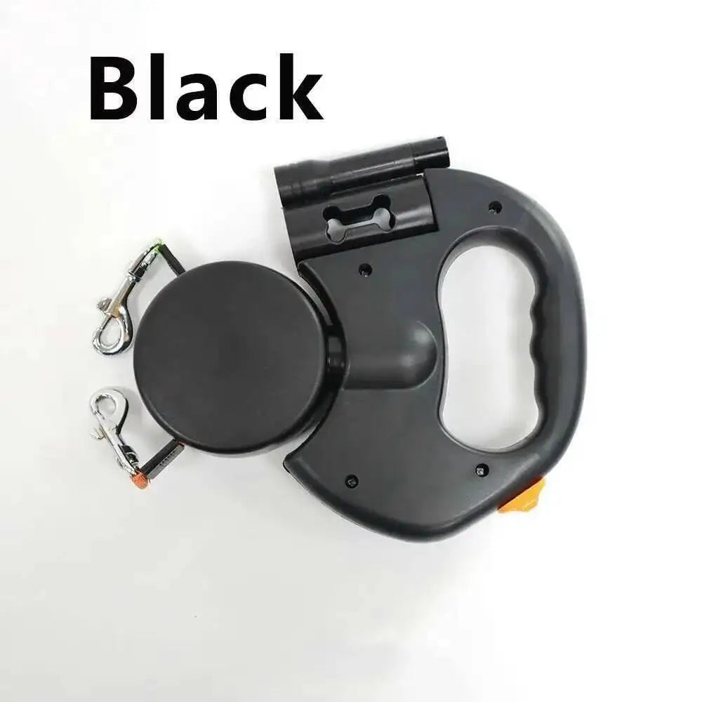 Black double dog retractable leash with built-in LED flashlight