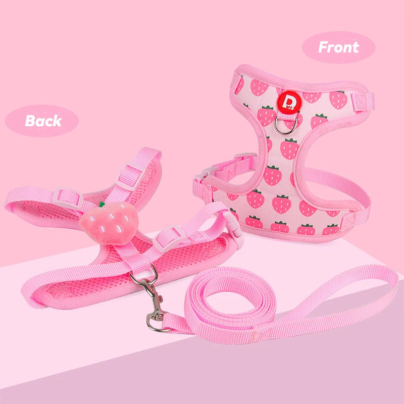Strawberry Print Dog Harness and Leash Set