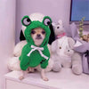 A small dog wearing a green frog-shaped hoodie sitting next to a white stuffed animal.