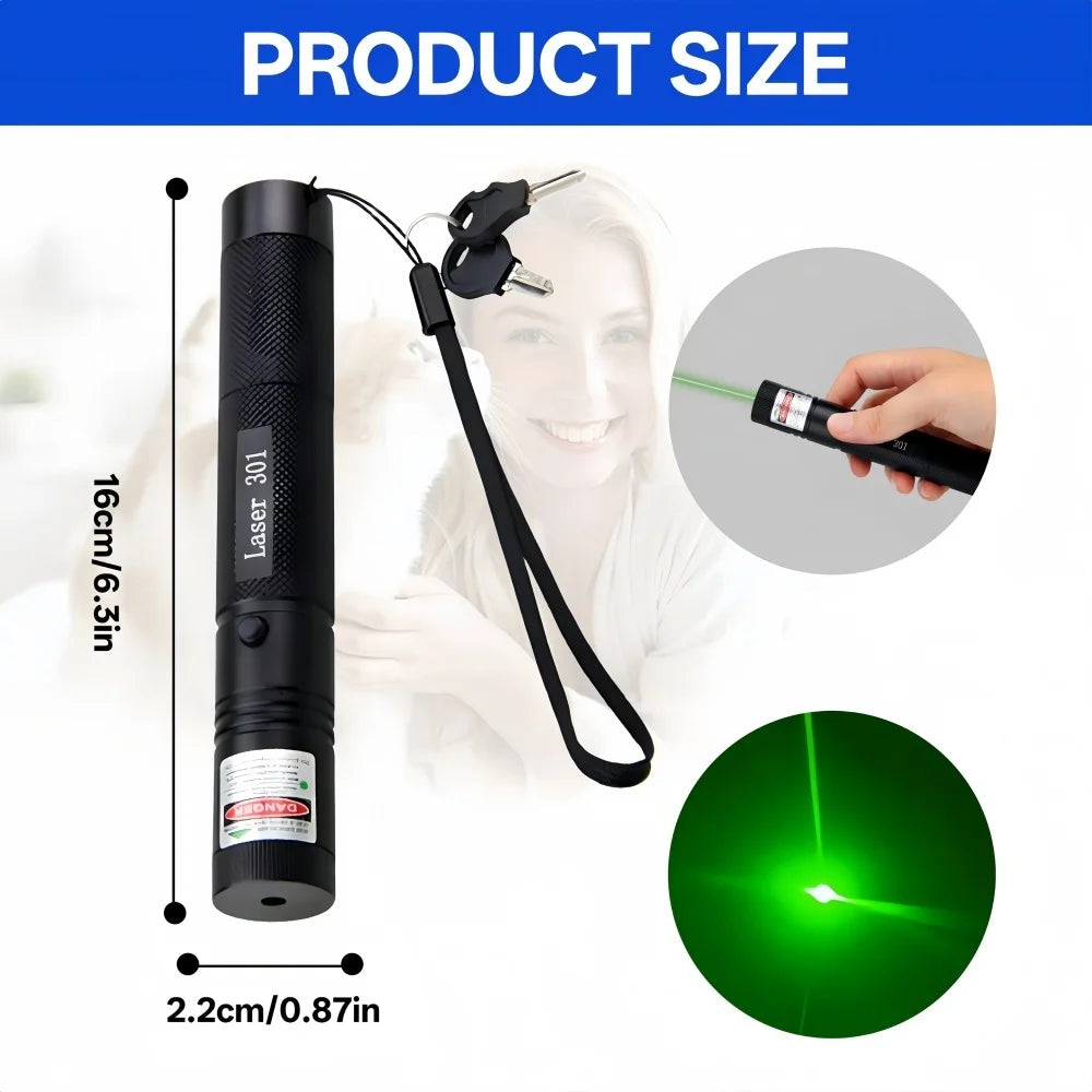 A black laser pointer pen with a green beam is shown next to a person demonstrating its size and focus.