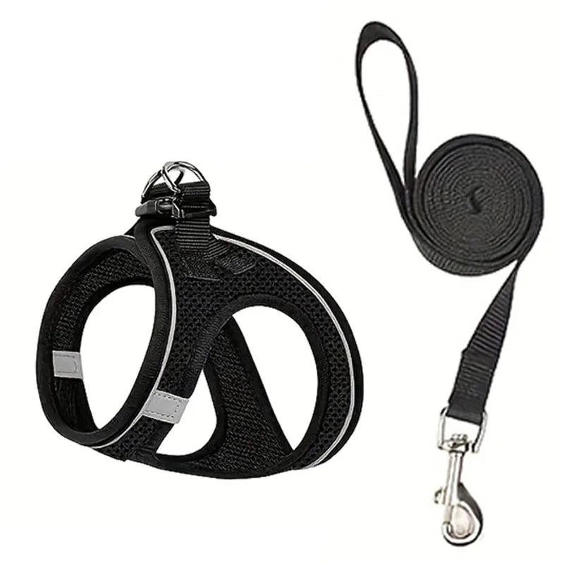 Black escape-proof dog harness and leash set with reflective strips for small dogs and kittens