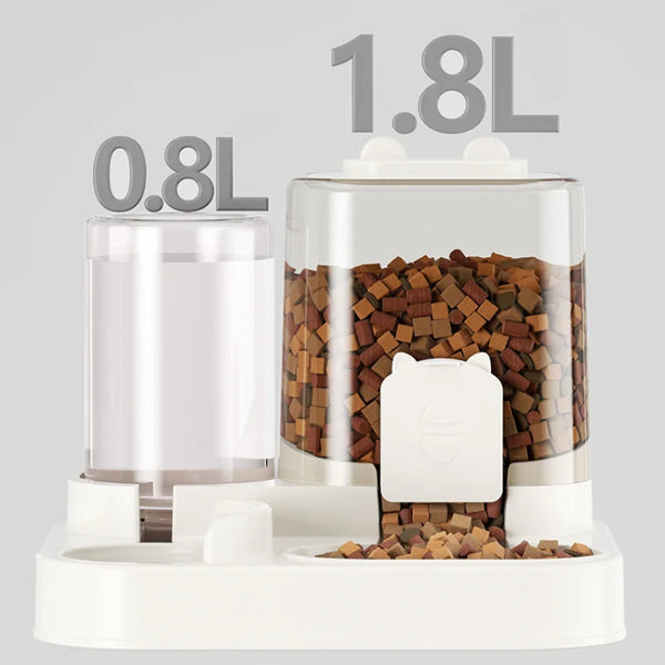A clear gravity-fed pet feeder and water station with 0.8L and 1.8L capacity options, showing pet food and water.