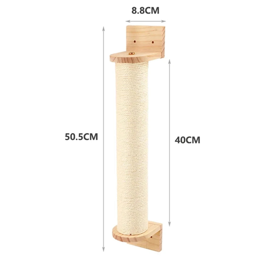 Wall-mounted cat climbing rope with wooden pedals, featuring a beige rope and wooden mounting pieces.
