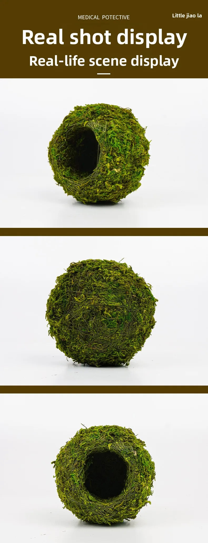 A spherical display of green natural moss used as a reptile hide or display item.