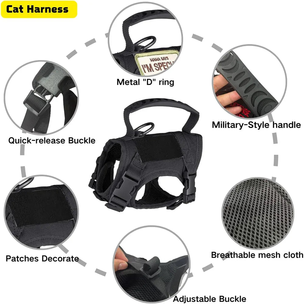 Black adjustable mesh pet harness featuring a quick-release buckle, decorative patches, and a military-style control handle.