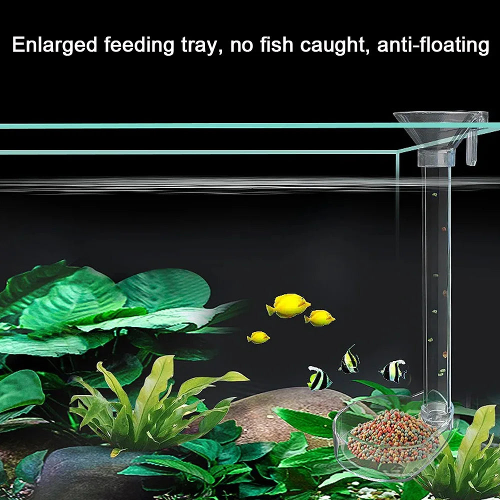 An enlarged feeding tray and transparent tube for fish, designed to prevent floating.
