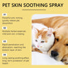 A close-up of a cat and a dog resting together, with a bottle of pet skin soothing spray in the background.