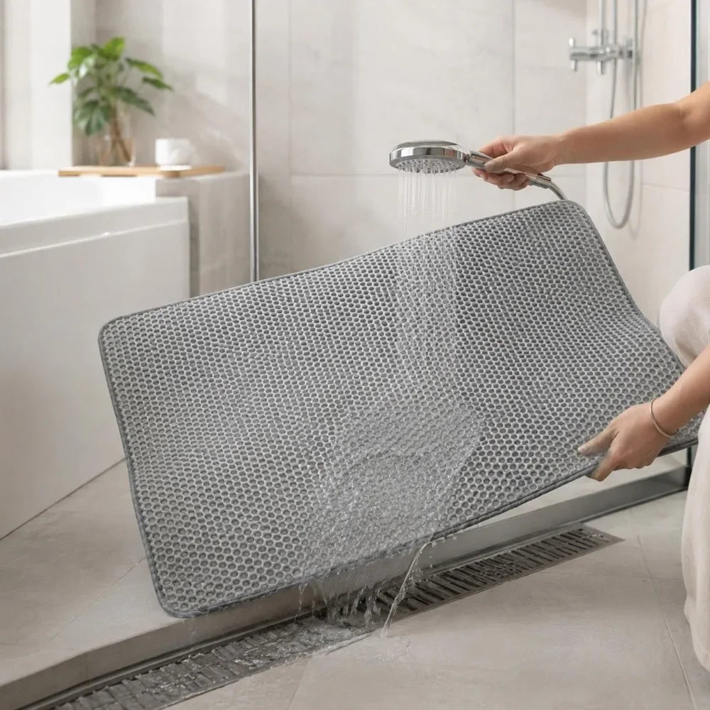 A hand is pouring water onto an extra large double-layer cat litter mat with a honeycomb surface in a bathroom setting.