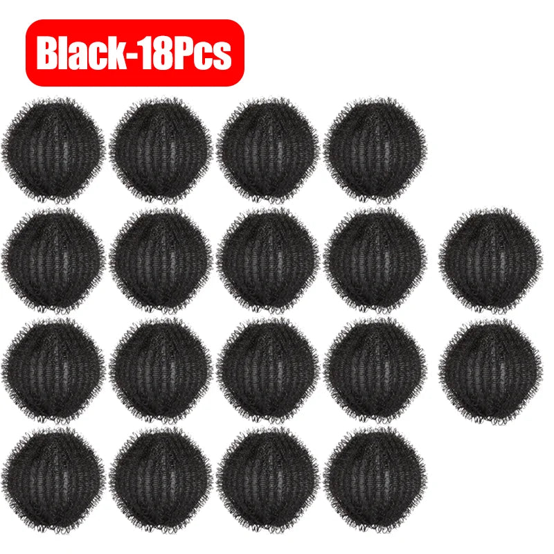Black lint filter balls for laundry, packaged in a set of 18.