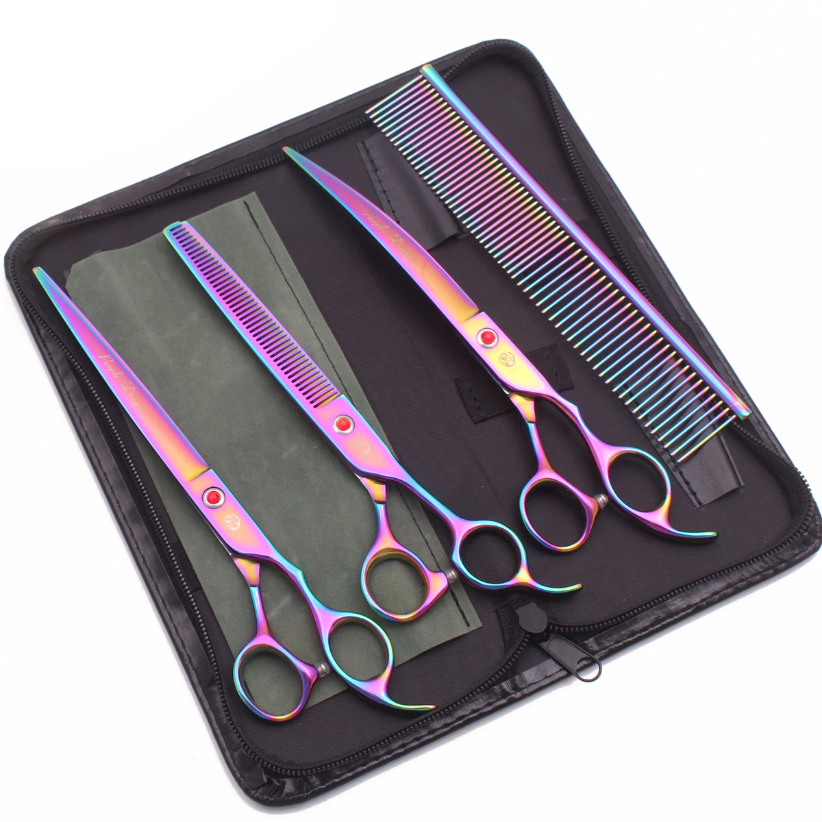A black case holding a pair of professional stainless steel pet grooming scissors with a rainbow gradient handle.