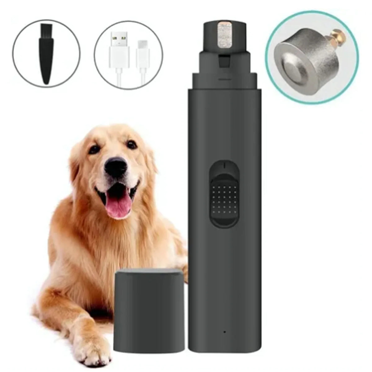 Ein professioneller wiederaufladbarer Hundekernschneider neben einem Golden Retriever und verschiedenen Komponenten.
