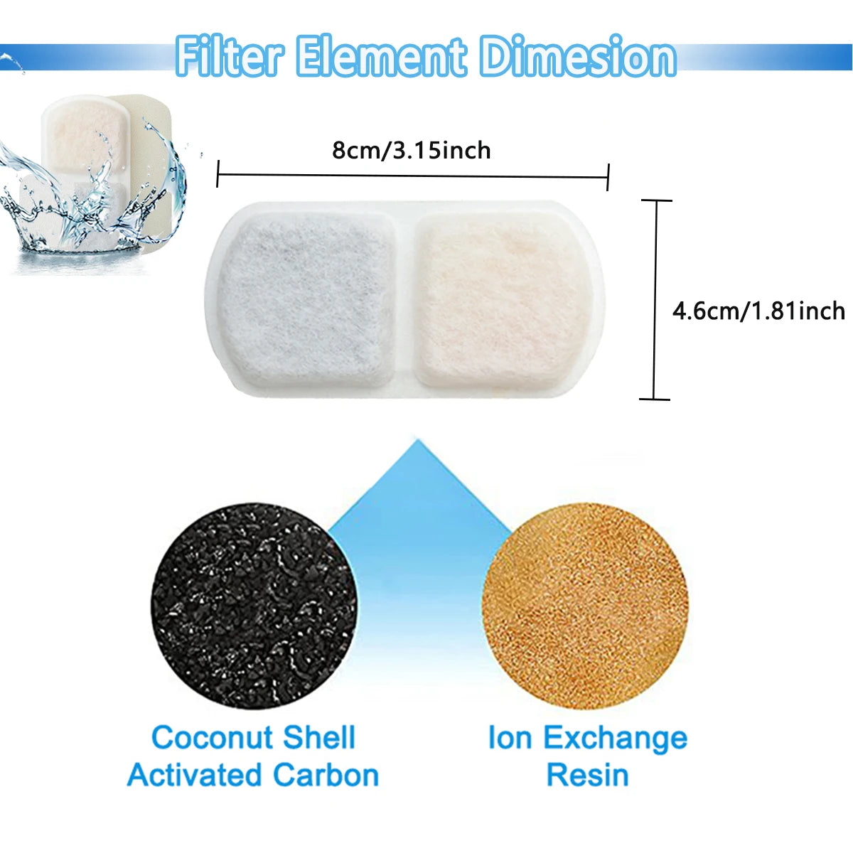Filter element dimensions showing coconut shell activated carbon and ion exchange resin for pet water fountains