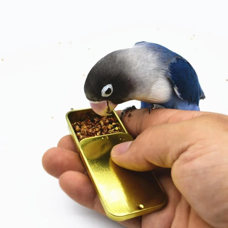 A hand is holding a gold-colored ergonomic parrot training treat dispenser with a small blue bird pecking at the food.
