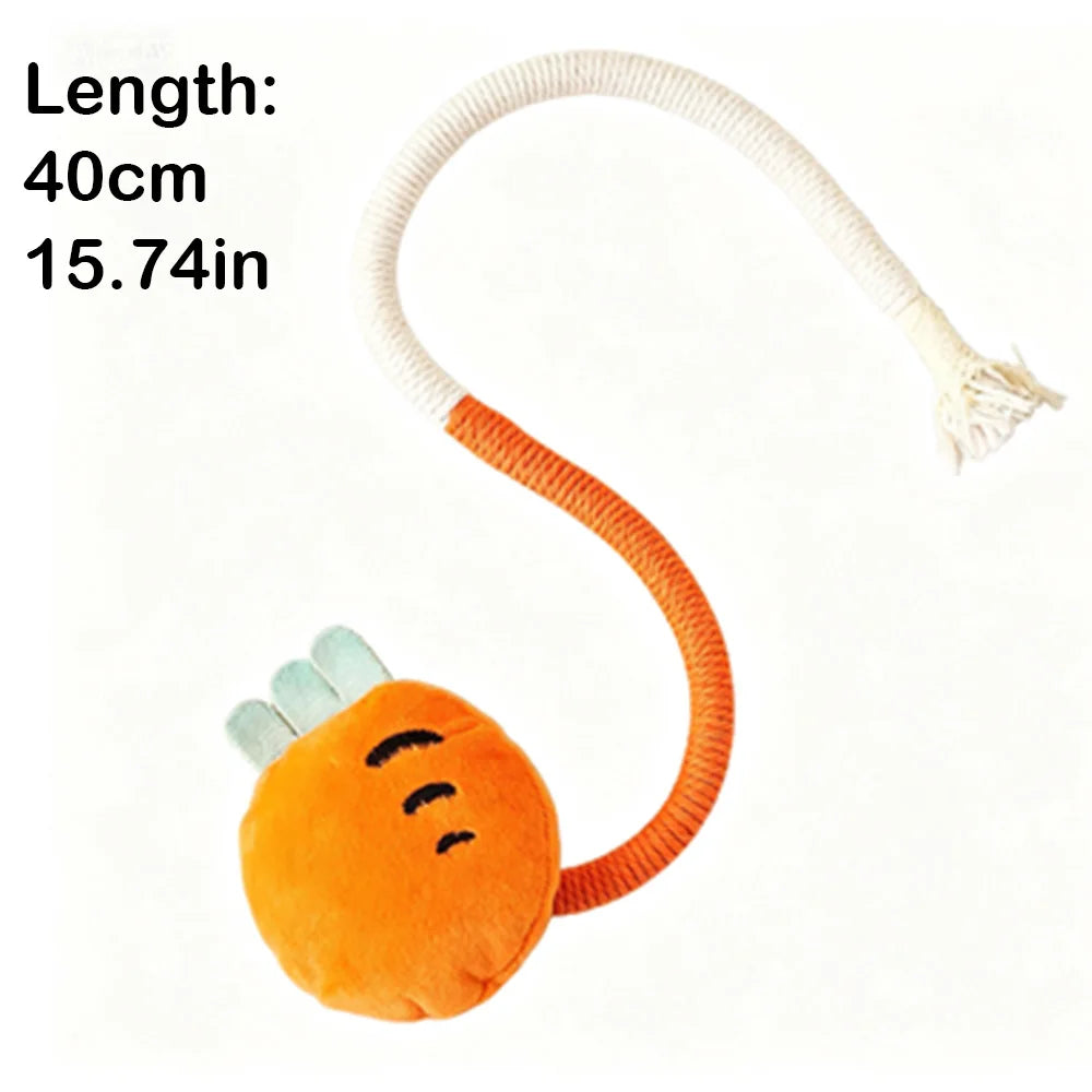 An orange cotton rope cat toy shaped like a fruit with a white cord and silvervine details.