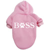 A pink cozy fleece hoodie for a small or medium dog featuring the brand name BOSS embroidered on the chest.