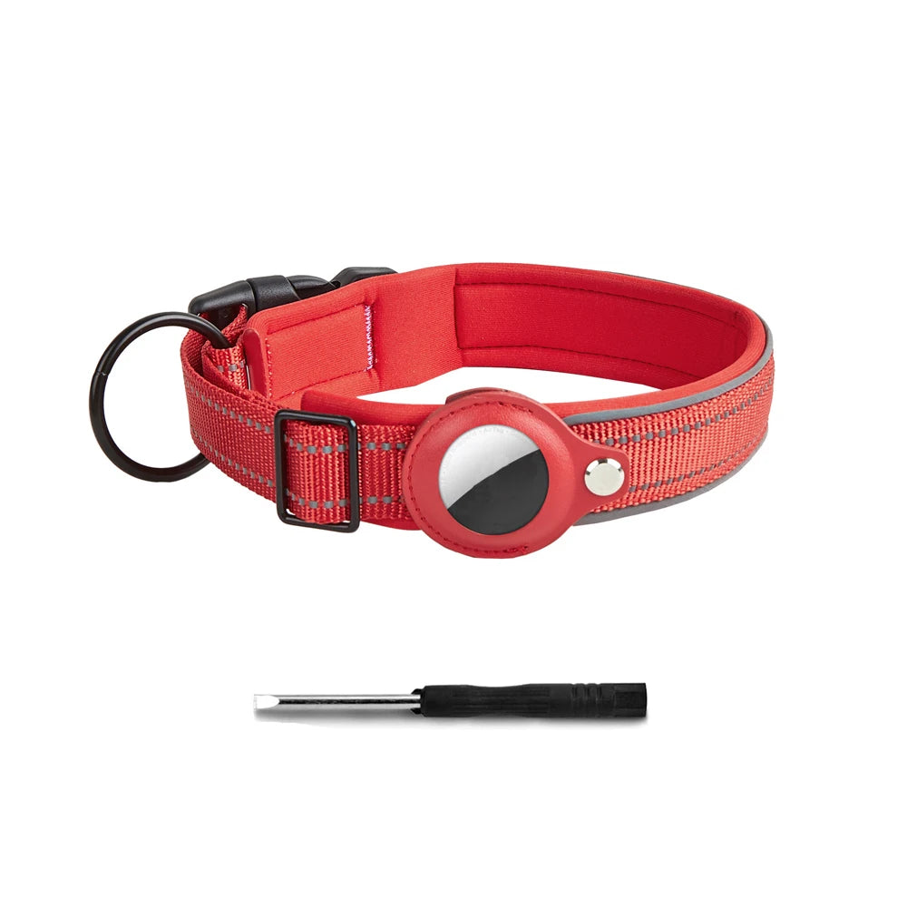 A red reflective dog collar with a built-in holder for an AirTag.