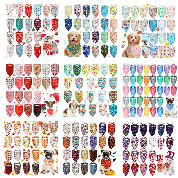 A collection of 20 festive triangle dog bandanas in various colors and patterns for dogs.