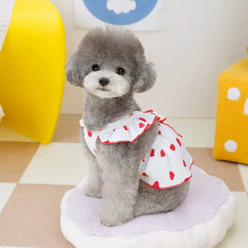 Strawberry Print Dog Dress with Bow for Small Breeds