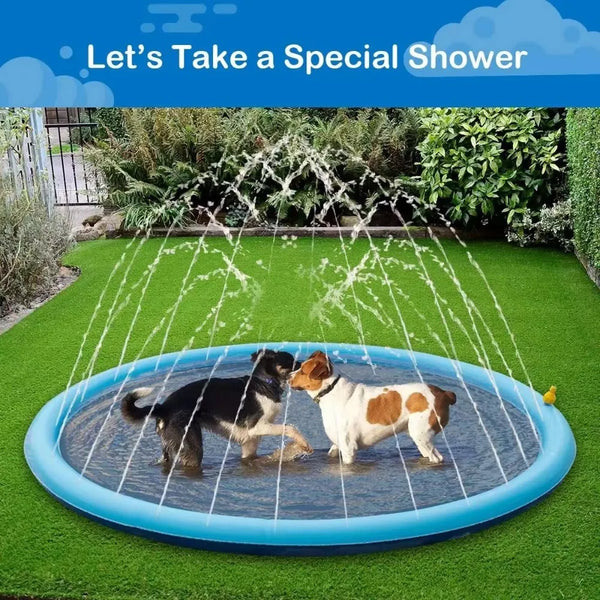 A dog is cooling off in a blue inflatable mat while water sprays from a fountain.