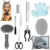 Eine Sammlung von Haustierpflegewerkzeugen, darunter ein Hundskopf, verschiedene Bürsten, Nagelscheren und ein handförmiges S