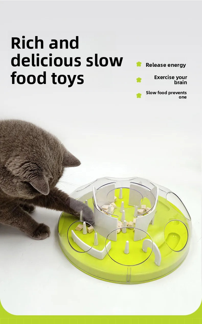 A clear plastic puzzle maze slow feeder bowl for pets, featuring various shapes and textures to encourage slow eating.