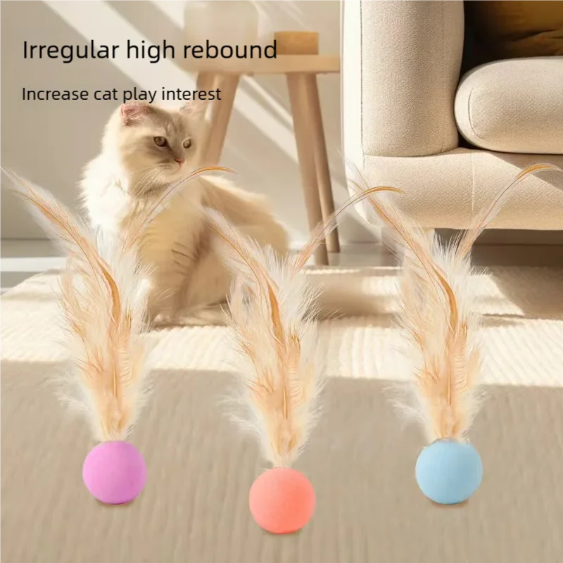 Three feather cat toys with elastic balls in pink, orange, and blue colors