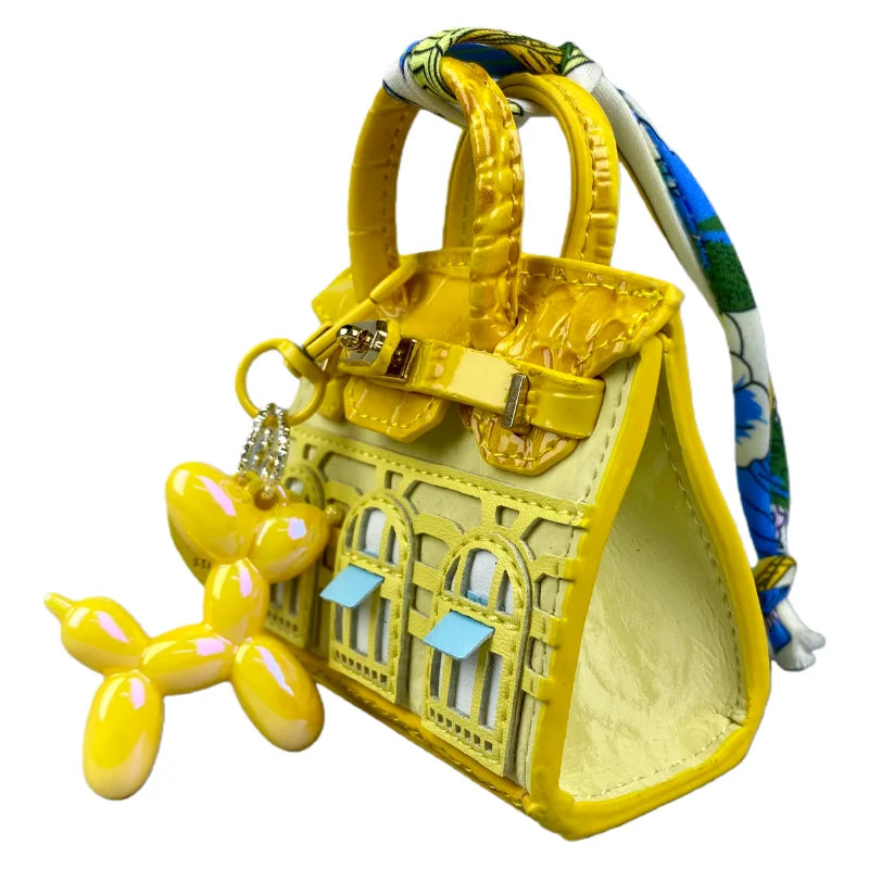 Handcrafted Mini House-Shaped Handbag with Puppy Keychain