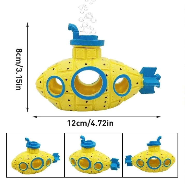 Yellow resin submarine aquarium ornament with a clear bubble effect.