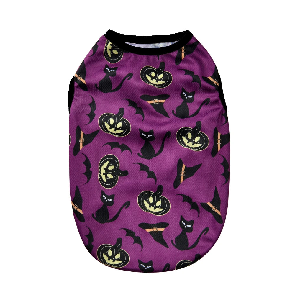 Purple pet shirt featuring a repeating pattern of black cats and Halloween pumpkins