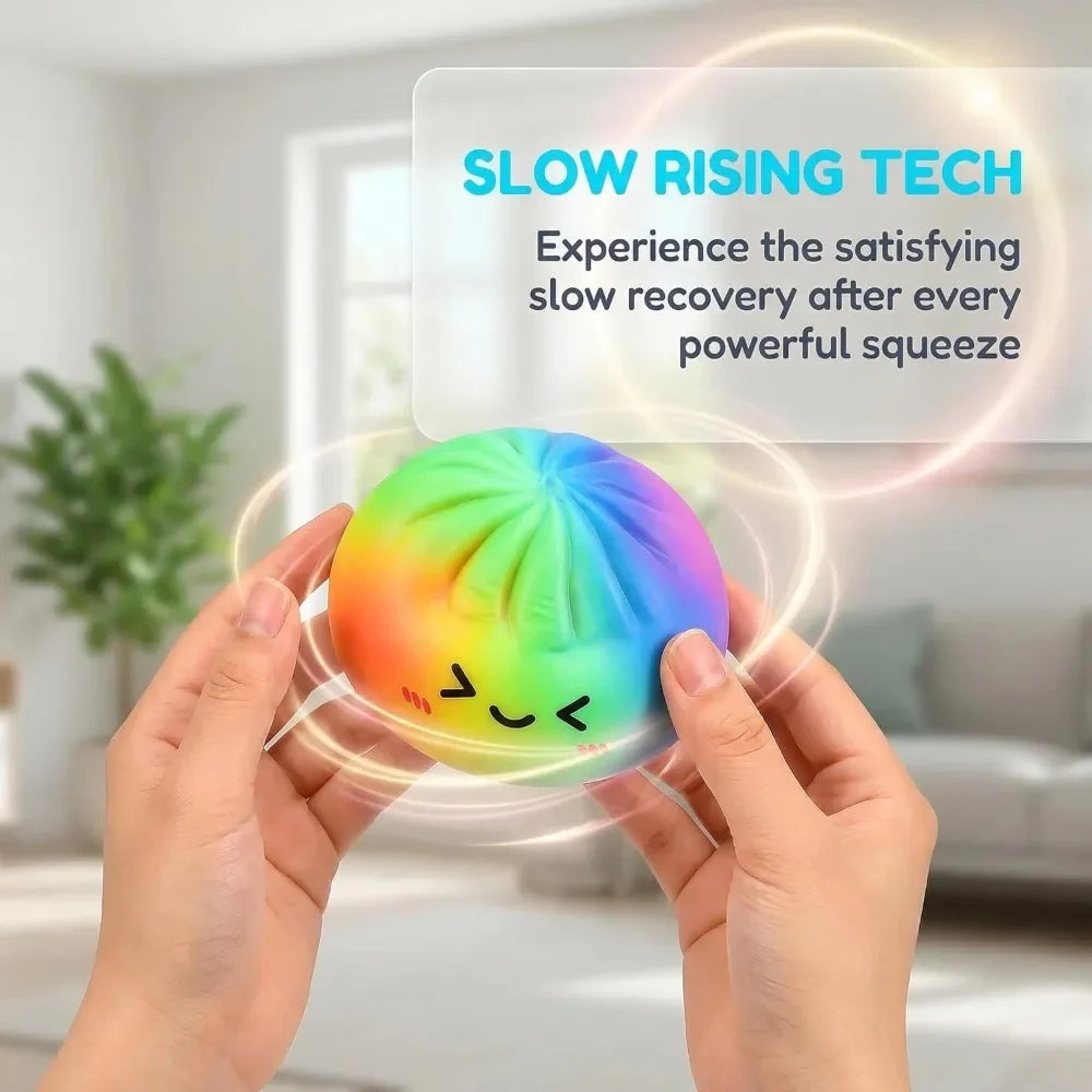 Hands squeeze a colorful rainbow dumpling squishy toy, demonstrating slow rising stress relief.
