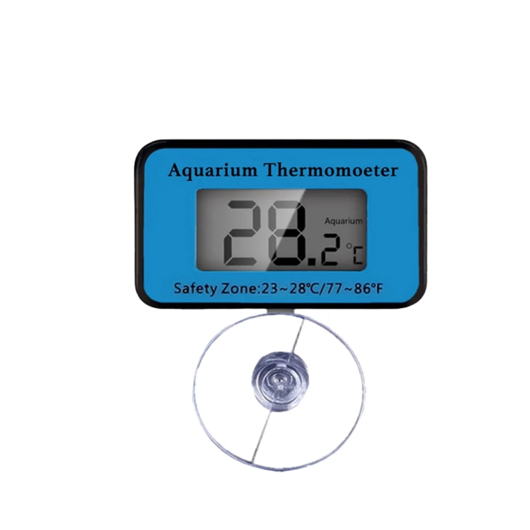 Termómetro digital de acuario mostrando 28.2 grados Celsius con ventosa para medir la temperatura del agua.