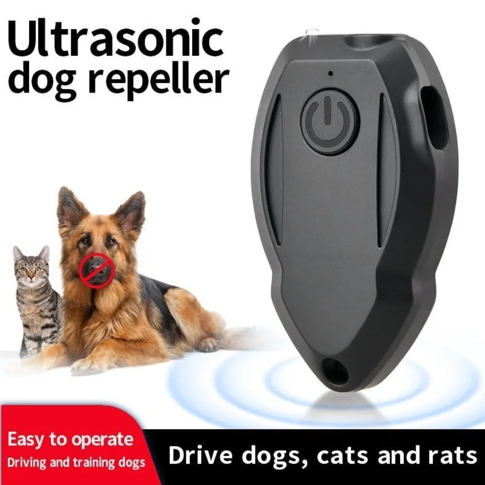 A black handheld ultrasonic dog repeller device is shown next to a golden retriever.