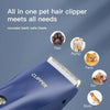 Cortador de pelo portátil azul para mascotas con cuchilla redondeada, mostrando patas, trasero, cara, oreja y cuerpo.