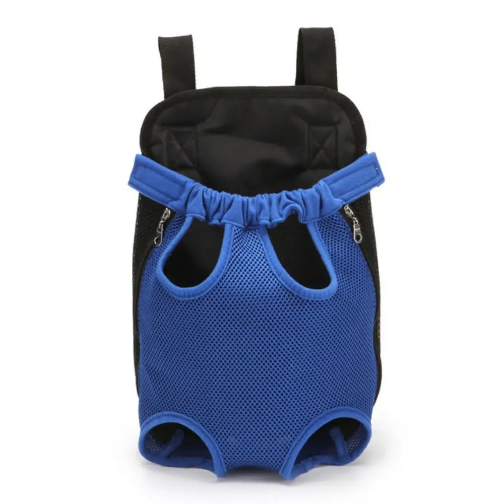 A blue mesh pet carrier backpack with black lining and blue trim.