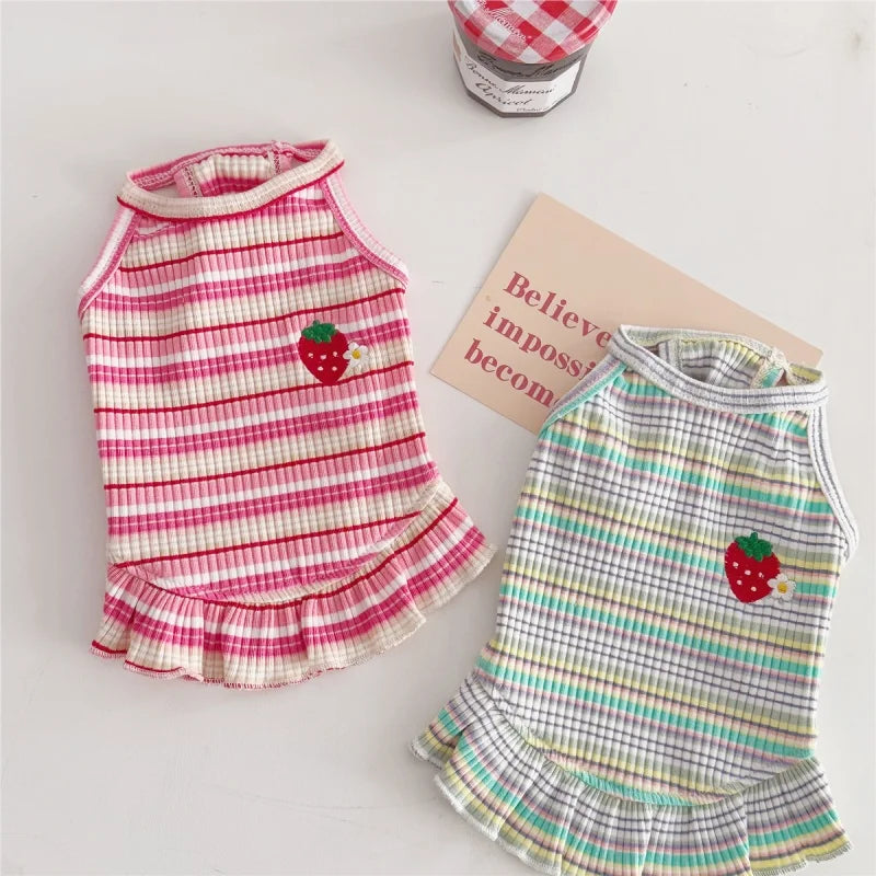 Summer Suspender Dog Dress - Striped Strawberry Print