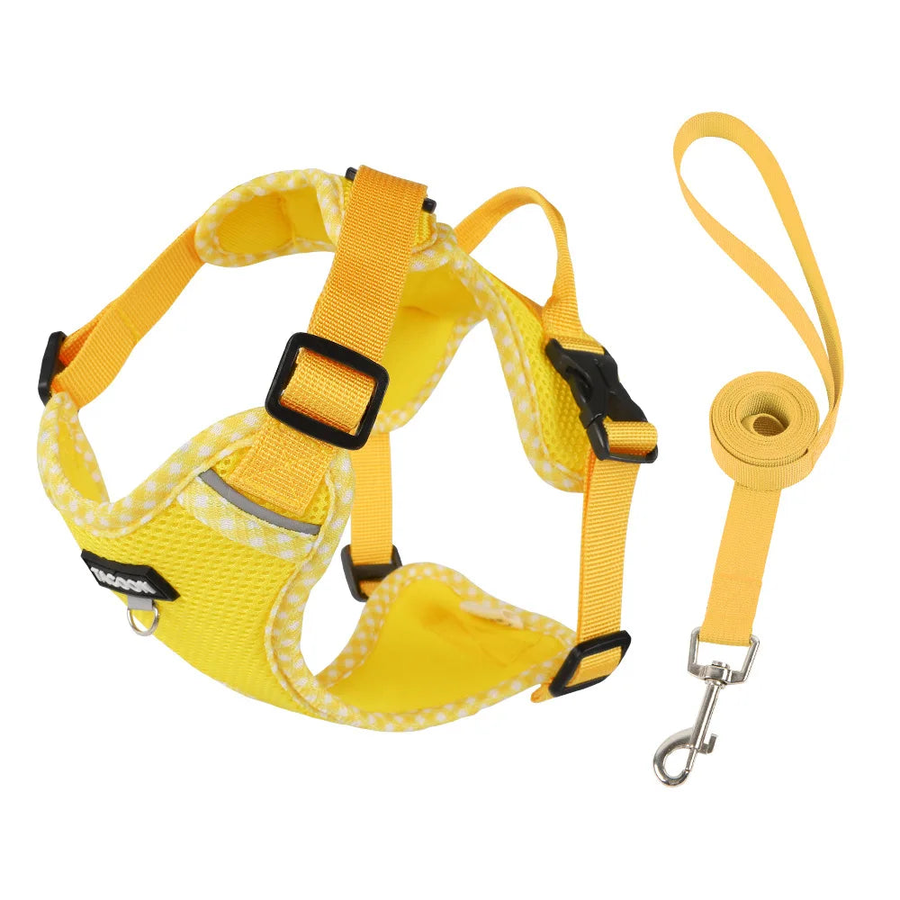 Yellow breathable mesh dog harness and leash set with reflective trim