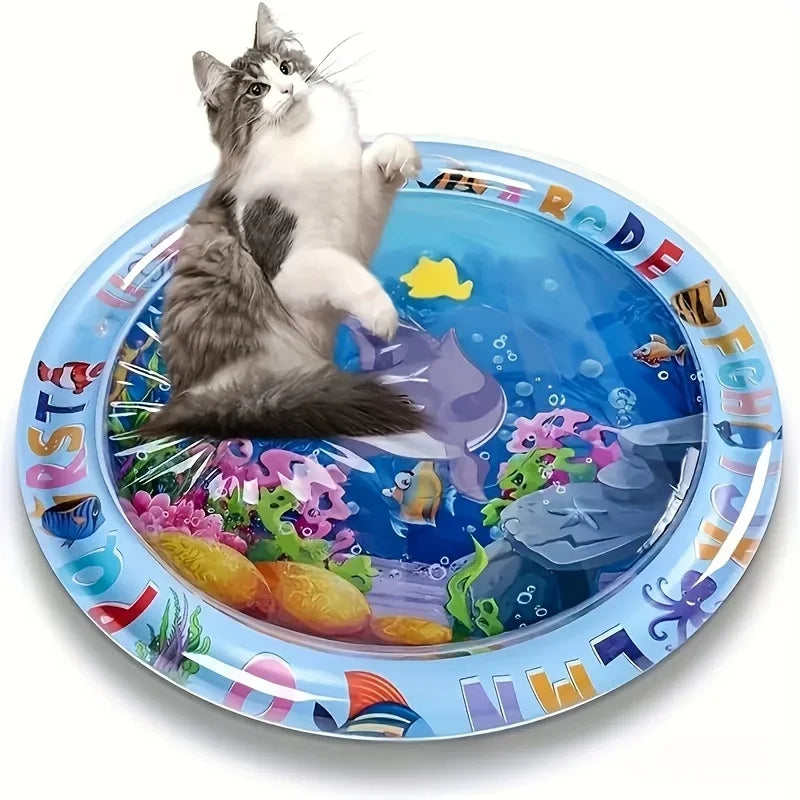 Ein spielerisches grau-weißes Kätzchen sitzt auf einem blauen Plastikteller mit bunten Wasserspielzeugen.