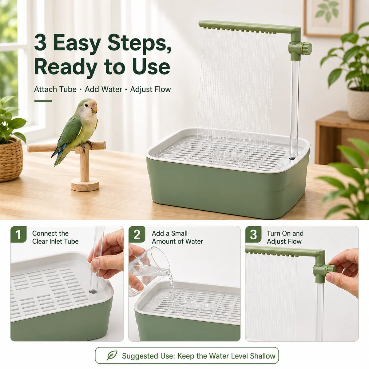 A green bird bath with an attachable tube for a bird bath, showing three steps to use.