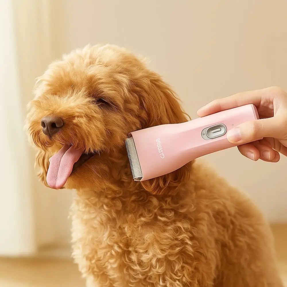 Una persona usa un cortador de pelo portátil rosa en la oreja de un perro dorado peludo.