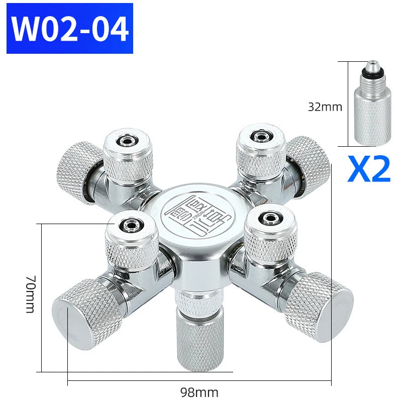 Silberner Mehrkanal-CO2-Splitter mit zwei 32-mm-Verbindungen, Top-Down-Ansicht.
